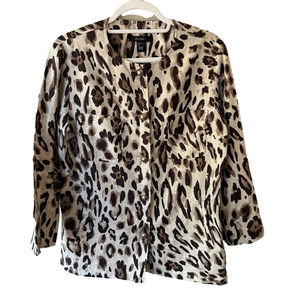Louben 100% Linen Chic Leopard Print Blazer Jacket Size 8 Lightweight Relaxed